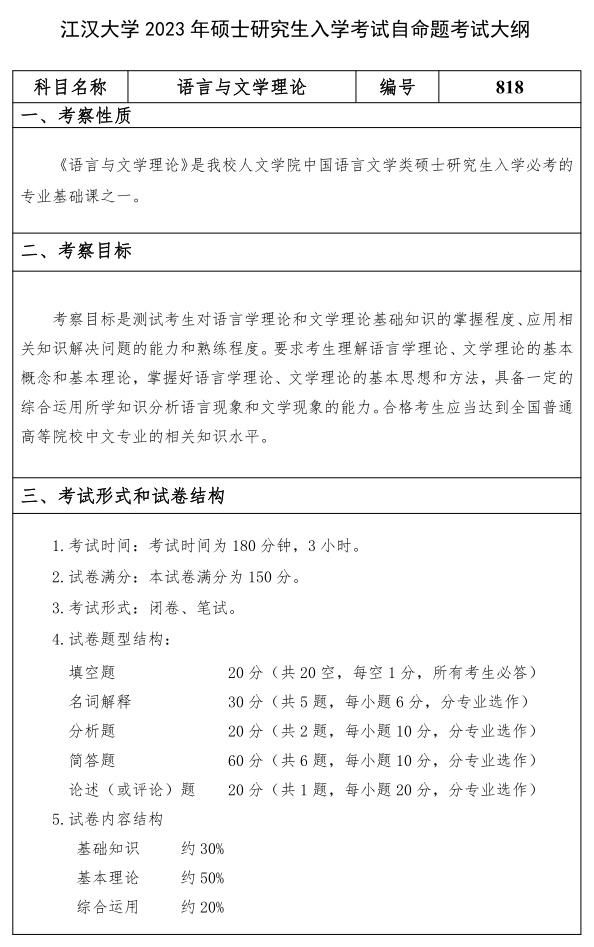 江汉大学研究生考试大纲 语言与文学理论考试大纲